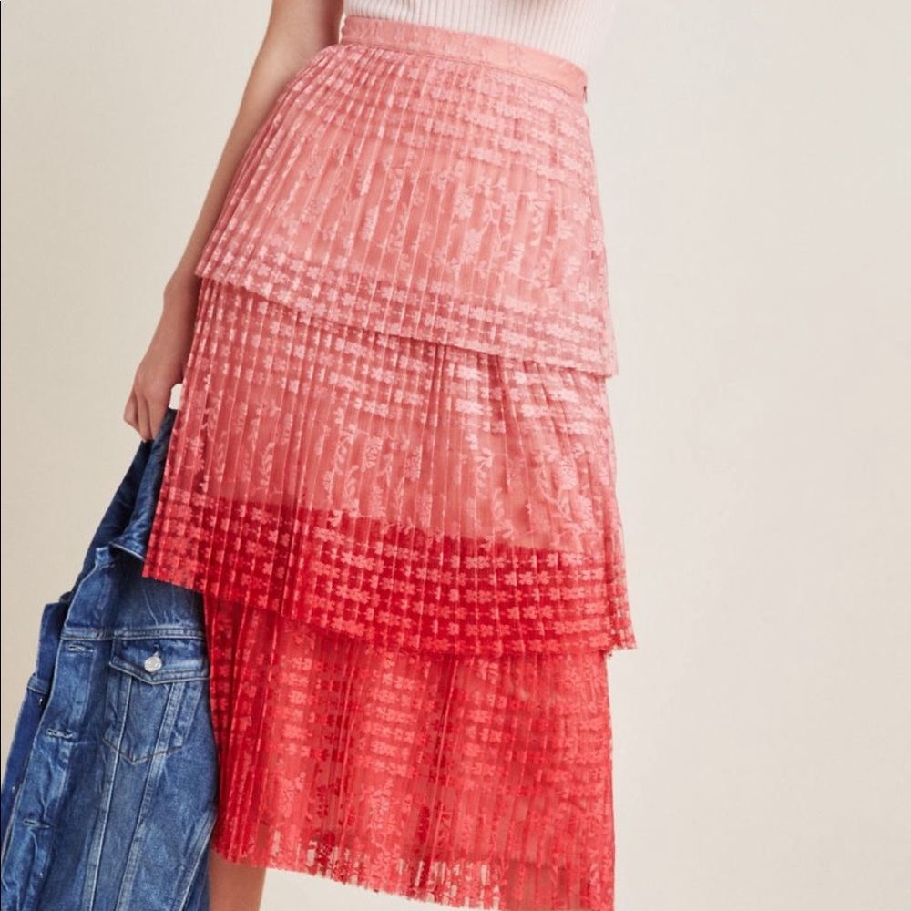 Anthropologie Maeve Brighton Pink Red Tier Lace Skirt 0 - Picture 2 of 5